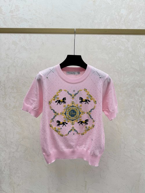 Dior Contrasting Pony Rhinestone Round Collar White, Pink and Gray Knit Short-Sleeve