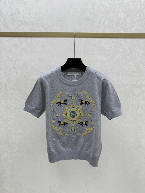 Dior Contrasting Pony Rhinestone Round Collar White, Pink and Gray Knit Short-Sleeve