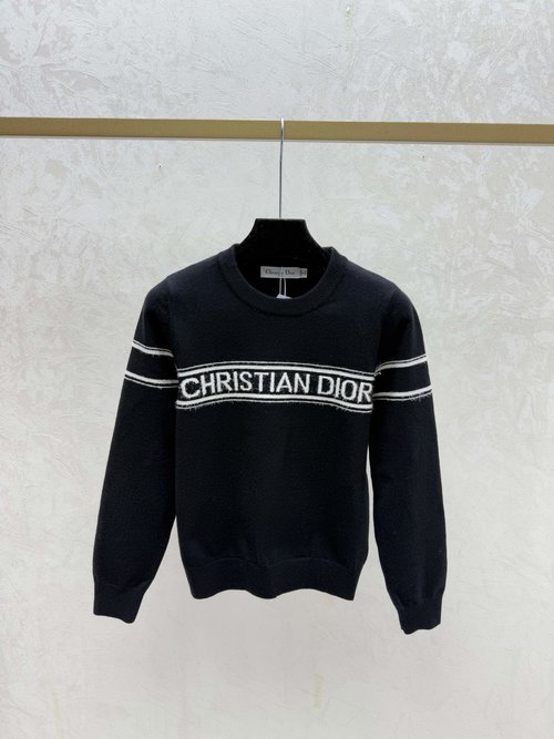 Dior Color-Blocked Letter Striped Round-Neck Long-Sleeve in Pink, Black