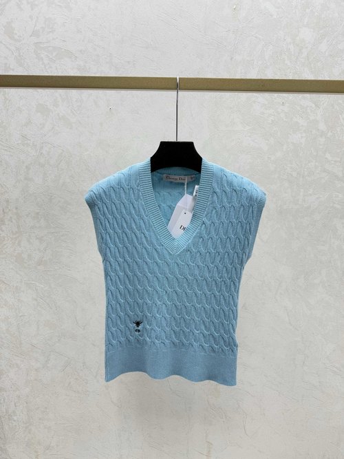 Dior Solid Simple V-Neck Knit Vest, White, Khaki and Blue