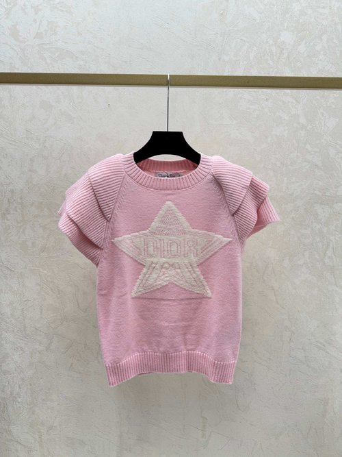 Dior Contrast Color Star Letter Round Neck Knit Short Sleeve in White, Pink & Black