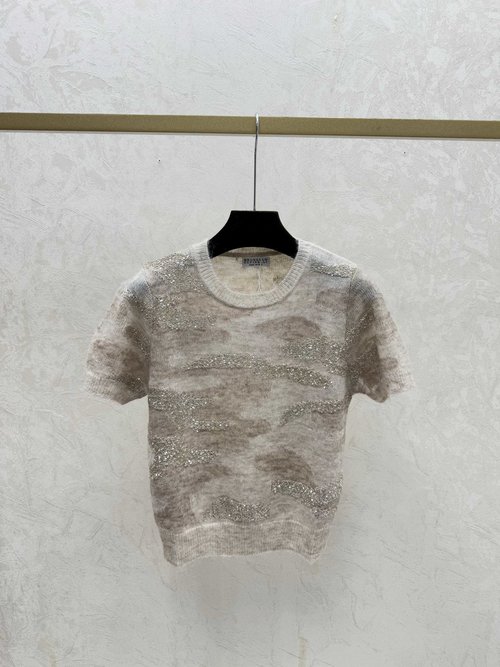 Chanel Contrast Color Beaded Round Neck Knit Short Sleeve in Pink & Khaki