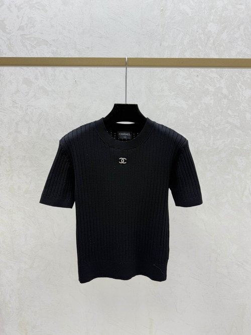 Chanel White, Yellow and Black Solid Color Hollow Round Neck Knit Short Sleeve