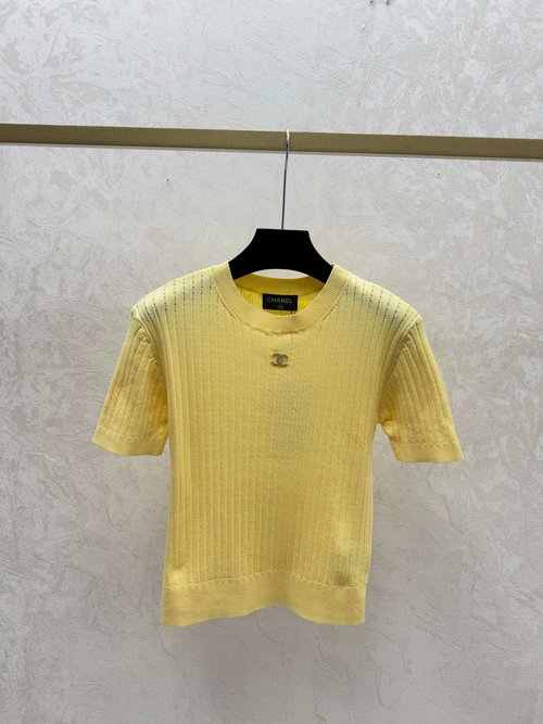 Chanel White, Yellow and Black Solid Color Hollow Round Neck Knit Short Sleeve