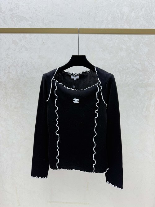 Chanel Color-Blocked Lace White & Black Simple Knit Long Sleeve