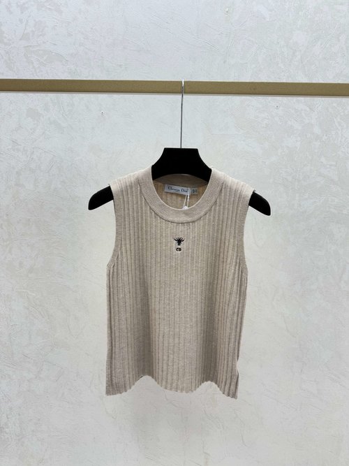 Dior White and Khaki Solid Color Round-Neck Knit Vest