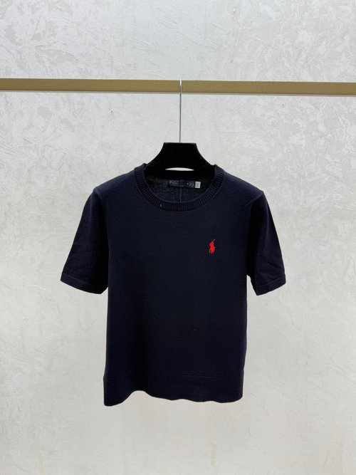 Polo Ralph Lauren White, Coffee & Black Simple Round Neck Knit Short Sleeve Top