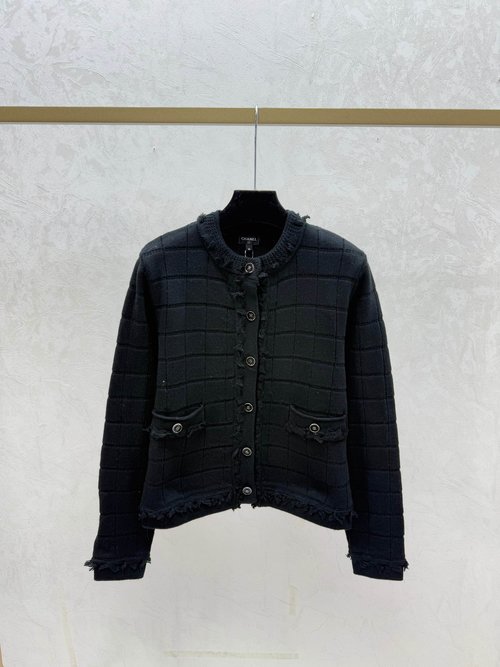 Chanel White, Green and Black Solid Stripe Hollow Round Neck Knit Long Sleeve Cardigan