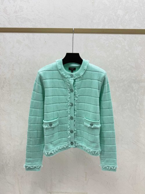 Chanel White, Green and Black Stripe Knit Long Sleeve Cardigan