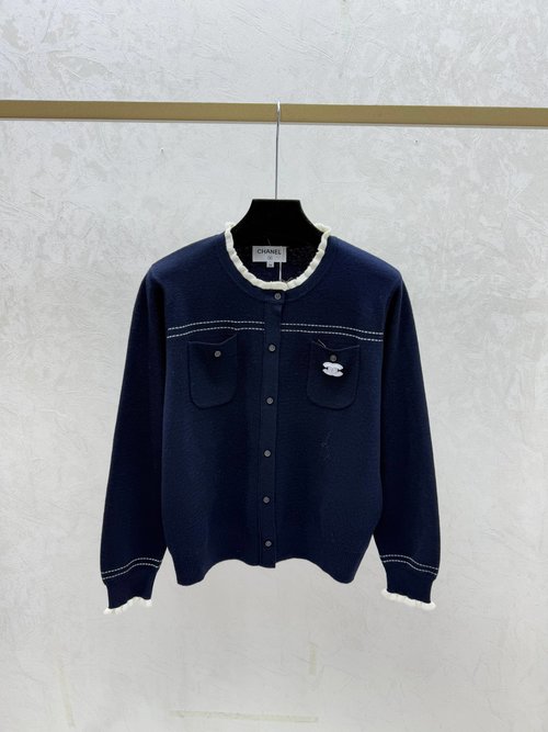 Chanel Red and Navy Blue Contrast Lace Round Neck Knit Long Sleeve Cardigan