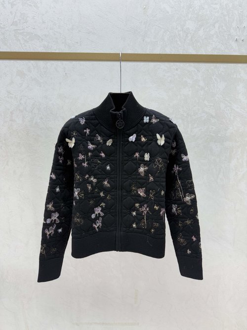 Dior Contrasting 3D Butterfly Embroidery High-Neck Cardigan in White and Black