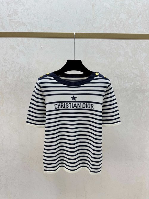 Dior Contrasting Stripe Round-Neck Knit Short-Sleeve in Coffee and Sapphire