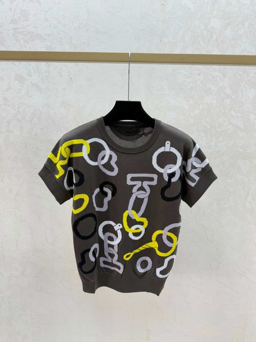 Hermes Color-Blocked Round-Neck Knit Short-Sleeve in Khaki and Blue