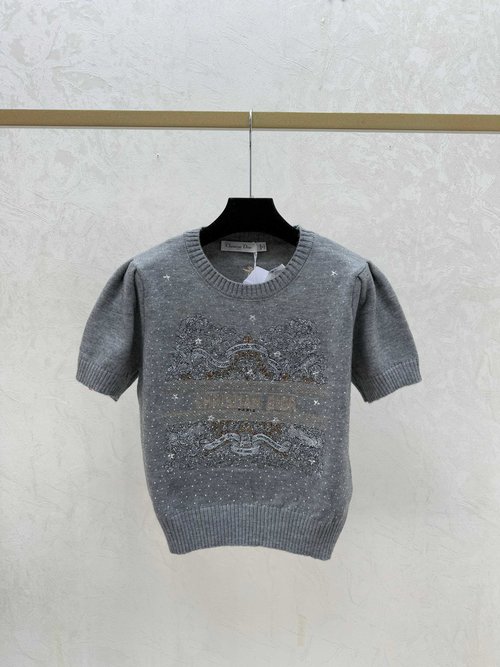 Dior White and Gray Color-Blocked Star Letter Knit Short-Sleeve