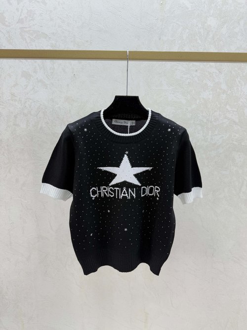 Dior White and Black Contrast Color Star Rhinestone Knit Top