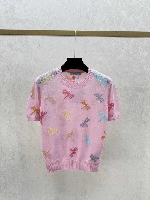 Dior Contrast-Color Dragonfly Jacquard Round-Neck Knit Short-Sleeve in White and Pink