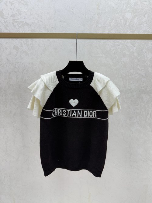 Dior Color - Blocked Heart Beaded Round Neck Knitted Short Sleeve in Royal Blue, Green and Black