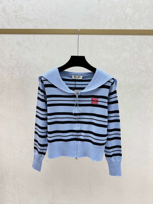 Miu Miu Color - Blocked Striped Neck Knitted Long Sleeve Cardigan in Yellow, Blue and Gray