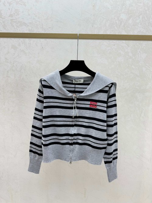 Miu Miu Color - Blocked Striped Neck Knitted Long Sleeve Cardigan in Yellow, Blue and Gray