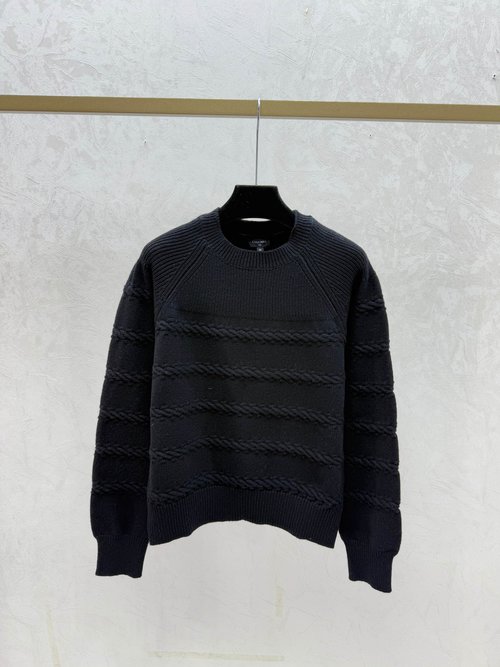 Chanel White, Royal Blue and Black Solid 3D Striped Round Neck Knit Long Sleeve