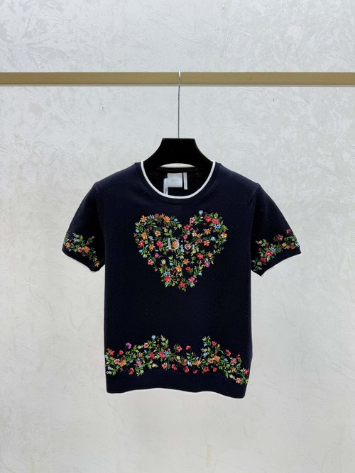 Dior Color Contrast Heart Flower Round Neck Short Sleeve