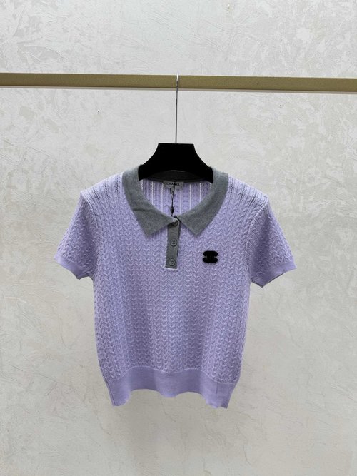 Chanel Color-Blocked Lapel Simple Short-Sleeved Knit Top in Yellow & Purple