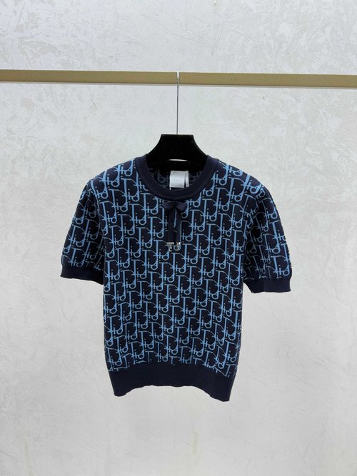 Dior White, Green & Royal Blue Contrast-Color Monogram Round-Neck Top