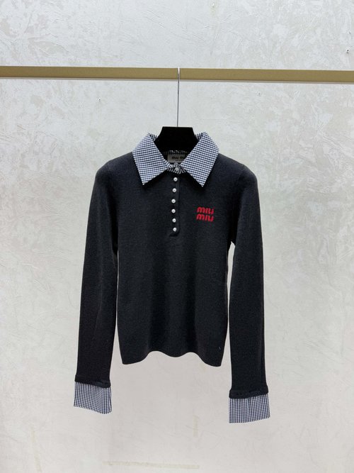 Miu Miu Contrast Color Lapel Simple Knitted Long Sleeve