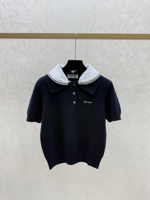 Miu Miu Gray Color-Blocked Lapel Simple Knitted Short-Sleeve