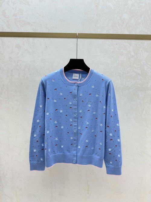 Dior White & Blue Color-Blocked Floral Round-Neck Knitted Cardigan