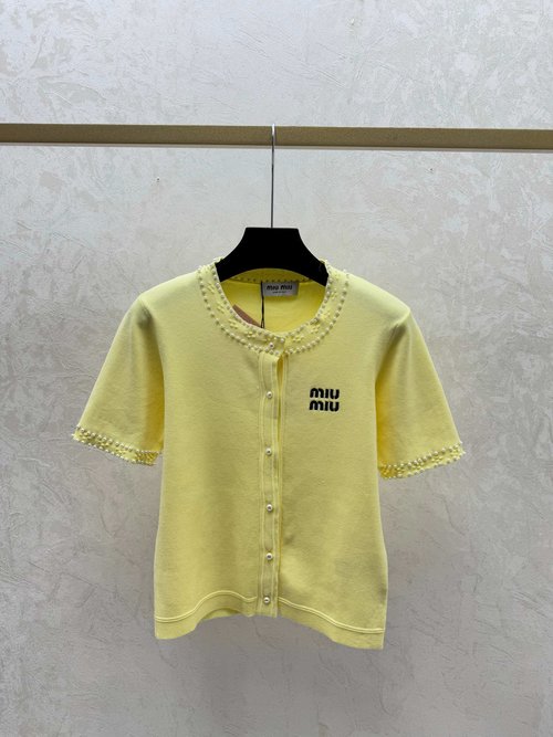 Miu Miu White, Yellow & Black Solid Color Beaded Round-Neck Knitted Cardigan