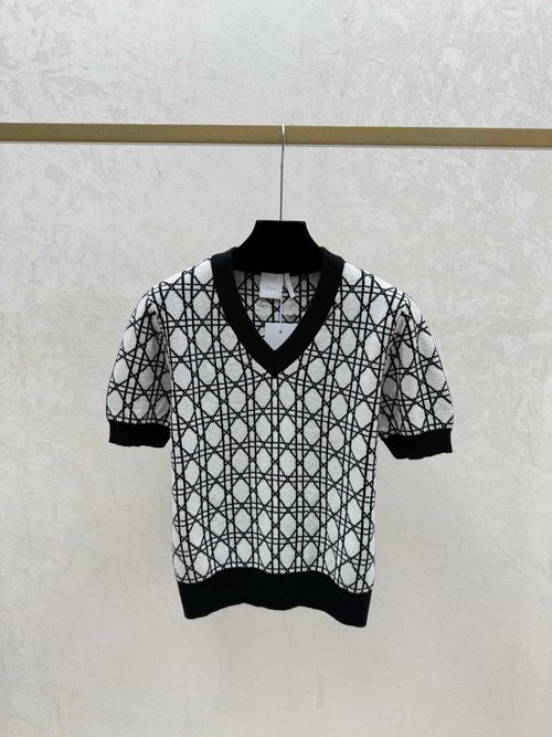 Dior Contrasting Diamond V Neck Knit Short Sleeve