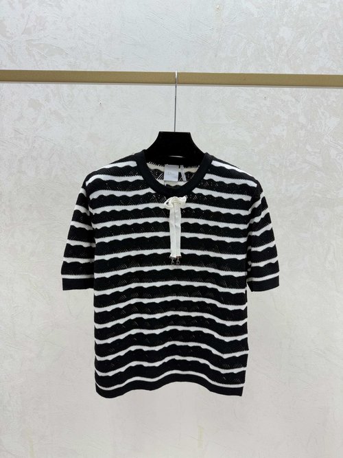Dior Contrasting Stripe Hollow Round Neck Knit Short Sleeve