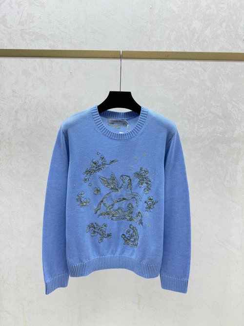 Dior Contrast Pony Embroidery Round-neck Long-sleeved Knit