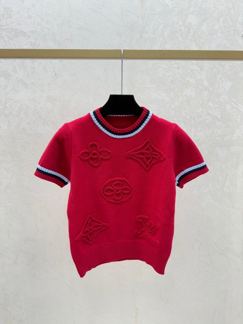 Louis Vuitton Knit Short-Sleeve with Color-Blocking Letters on Round Neck in Pink and Red