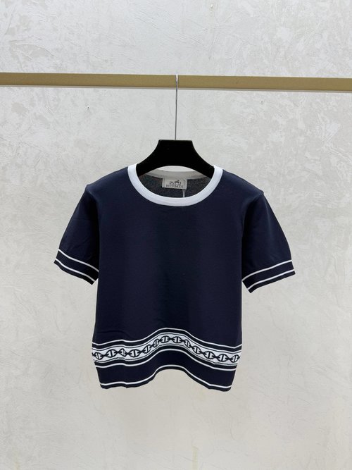 Hermes New White, Yellow and Royal Blue Color-Blocking Saddle Neck Knit Short-Sleeve