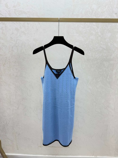 Chanel White, Blue and Black Knitted Sling Dress with Color-Blocked Simplicity