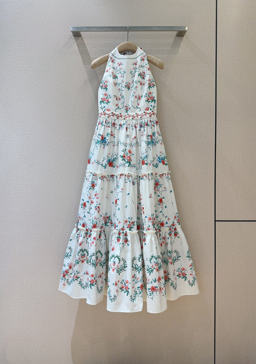 Dior Cotton Sleeveless Halter Backless Dress with Floral Patterns