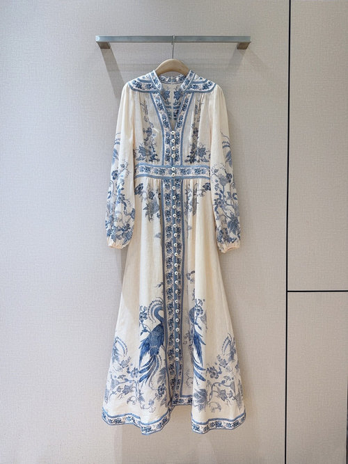 Zimmermann Cream Blue Floral Linen Dress with Deep V-Neck