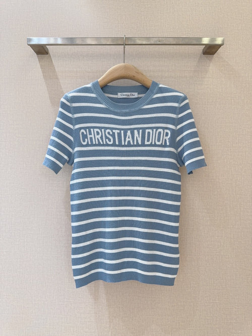 Dior Summer Striped Knit Short-Sleeve with Iconic Letter and Slim Fit