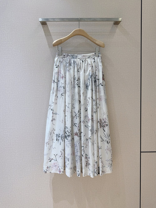 Dior Mid-Long High-Waisted Pleated Floral Print Cotton Skirt