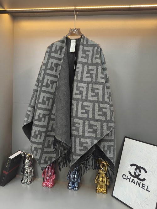 Dior Reversible Wool-Cashmere Cape with FF Pattern and Fringe