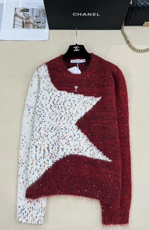 Dior Knit Round - neck Long - sleeve Cardigan with Color - blocked Star Jacquard and Glitter