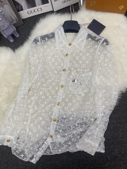 Louis Vuitton Lace Jacquard Shirt with Logo Brooch, Elegant & Breathable