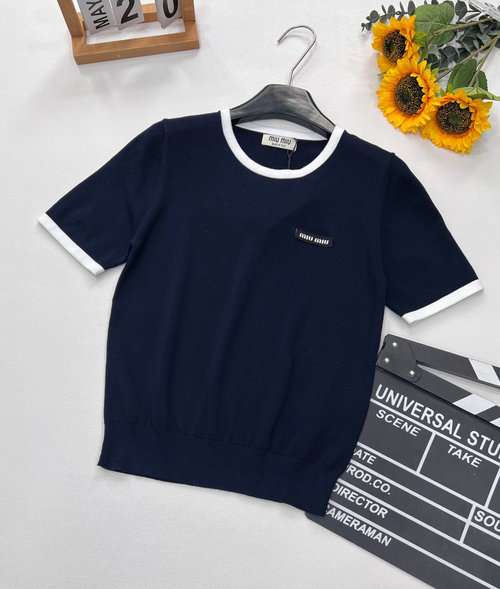 Miu Miu Knitted Short Sleeve with Logo Patch and Contrasting Collar