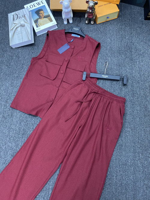 Prada Elegant Vest and Wide-leg Pants Combination with Embroidered Insignia