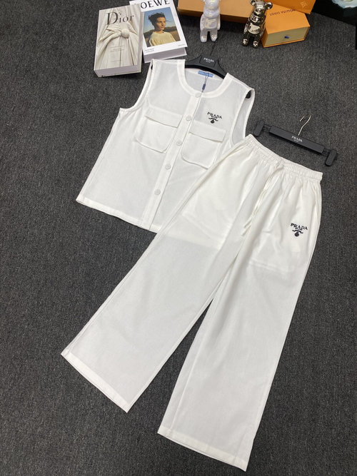 Prada Sophisticated Vest and Wide-leg Pants Pairing with Embroidered Design