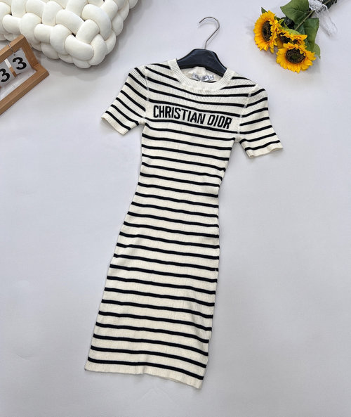 Dior Classic Striped Dress with Collar and Letter Embellishment