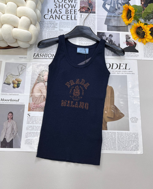 Prada Classic Logo-Embroidered Short-Sleeved Knit Vest from Ribbed Collection