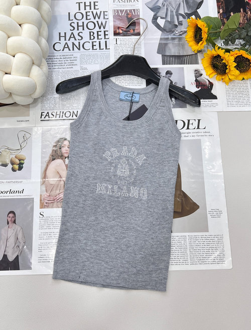 Prada Classic Logo-Embroidered Short-Sleeved Knit Vest from Ribbed Collection